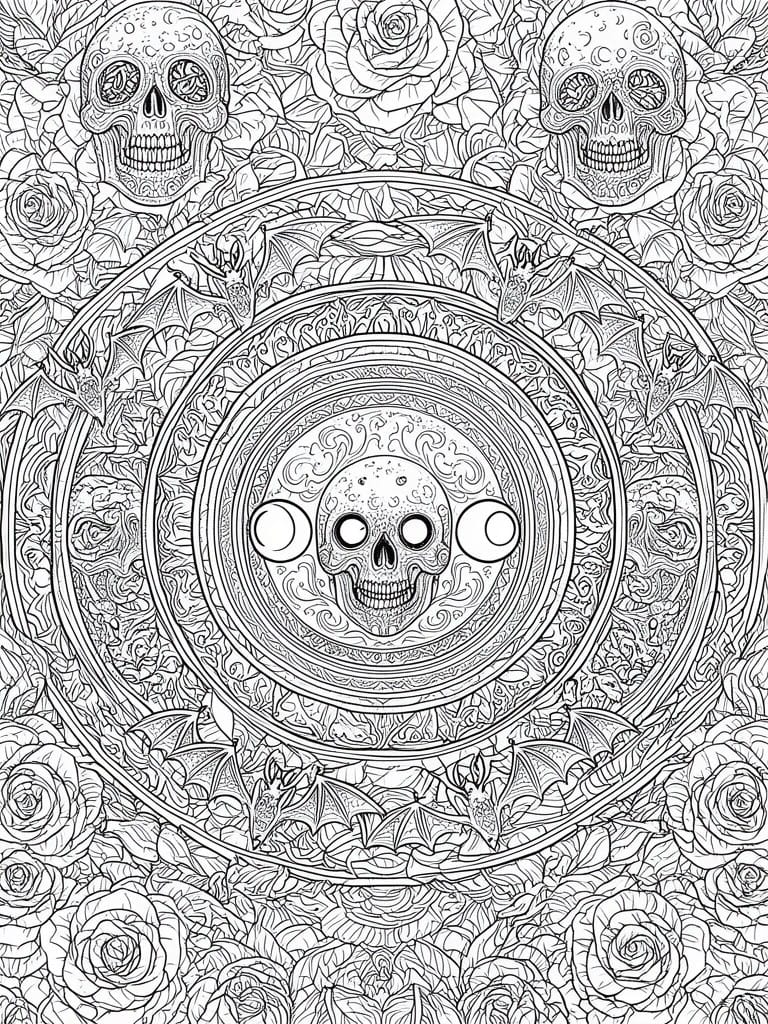 A black and white coloring page with a central skull in a mandala surrounded by bats, roses, moons, and additional skulls in circular layers.