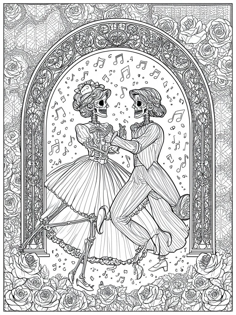 Dancing skeletons in Victorian attire amid musical notes in ornate rose-framed arch.