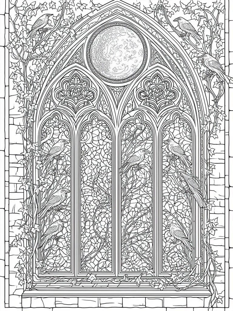 A black and white line drawing of a tall Gothic arched window with stained glass sections, birds on branches, ivy vines, and a circular design at the top.