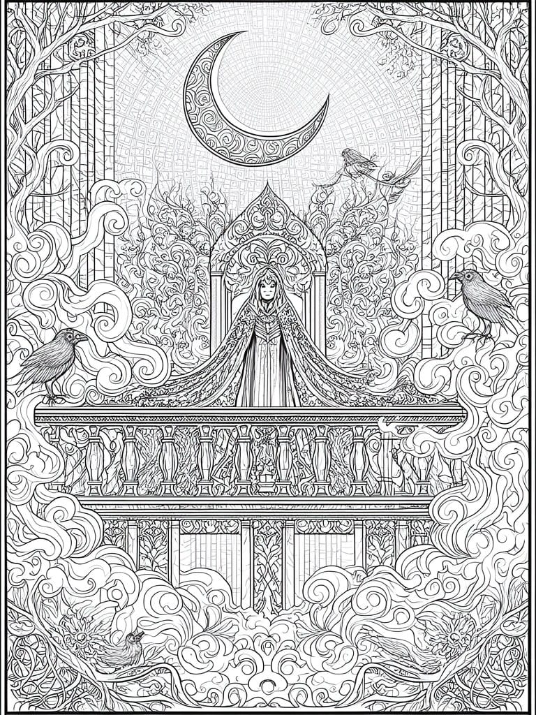 Intricate line art of woman in flowing gown on balcony under crescent moon with birds