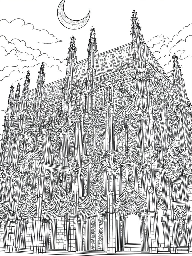 Black and white line drawing of ornate Gothic cathedral under crescent moon and clouds