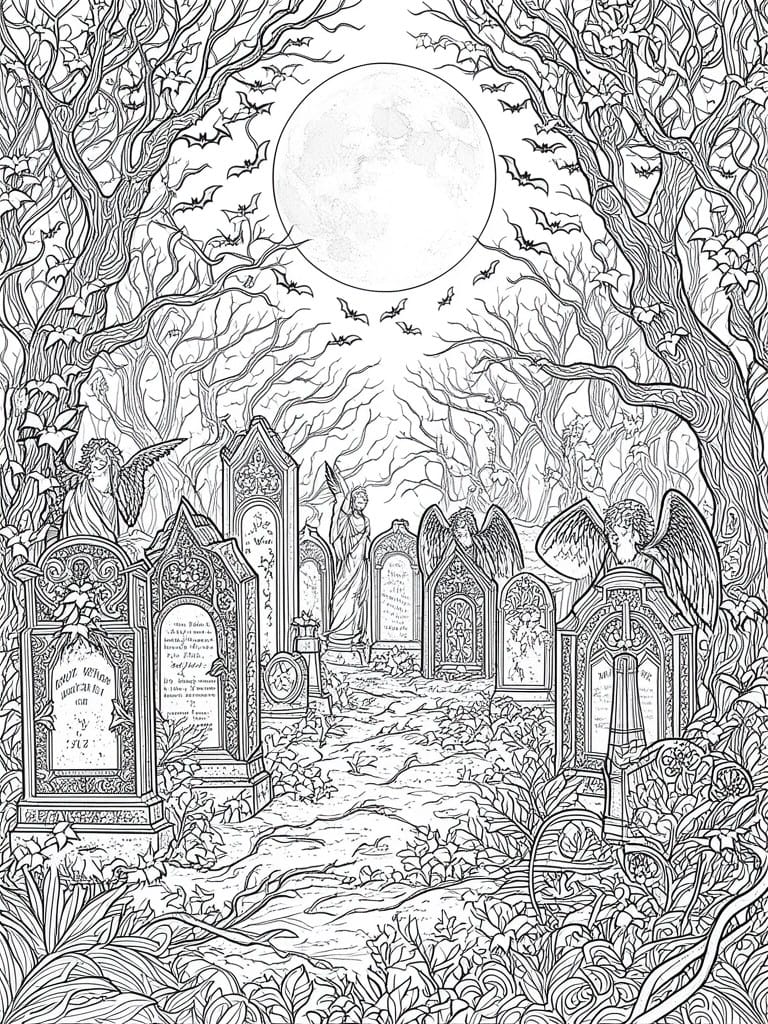A black and white line drawing of a moonlit graveyard path with multiple angel statues on ornate tombstones, surrounded by twisted trees and flying bats.