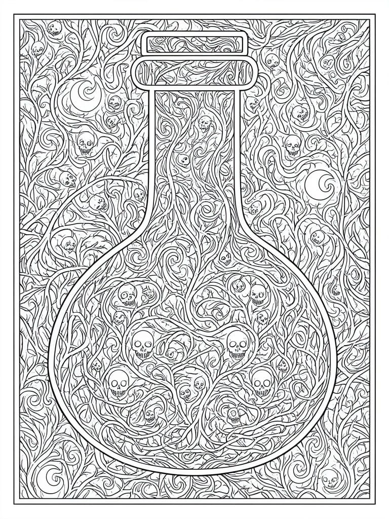 Detailed line art of flask filled with swirling vines and skulls