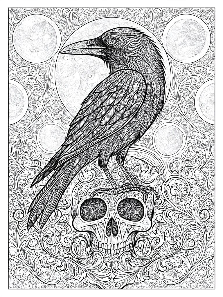 Line drawing of raven perched on ornate skull amid moons and swirling patterns.