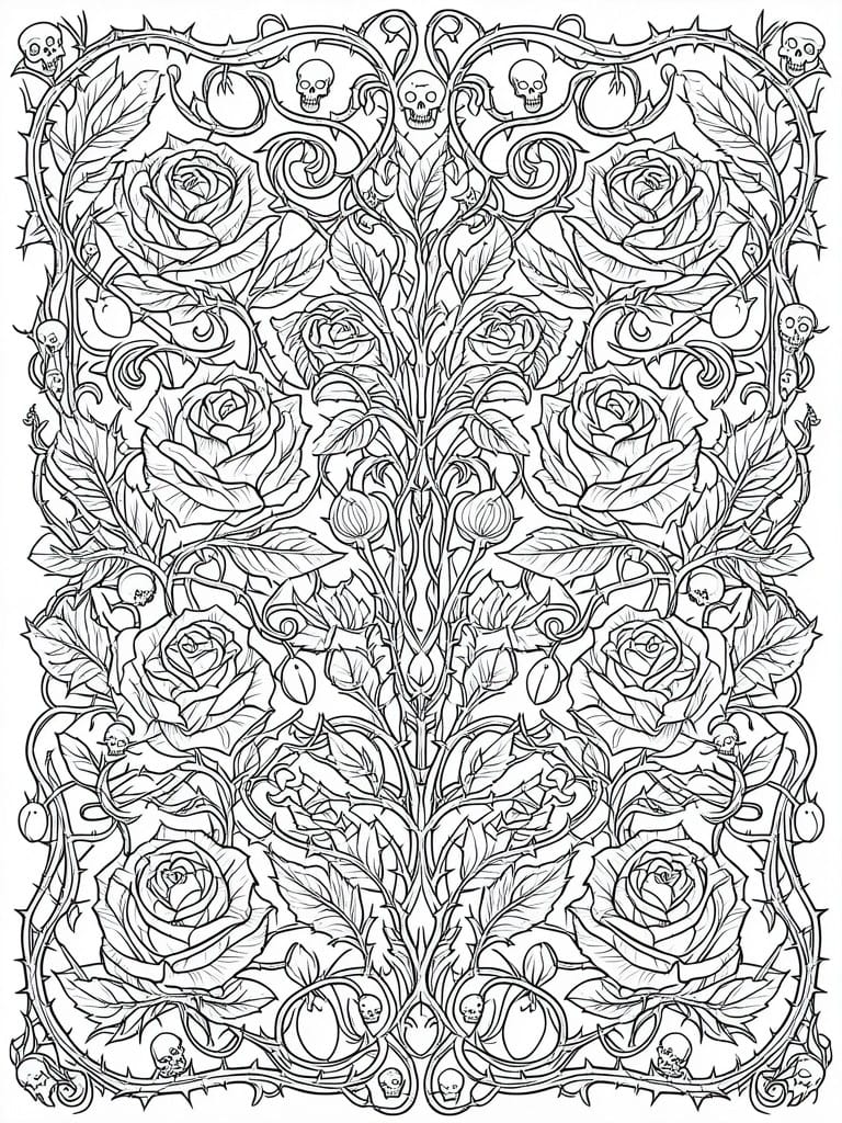 Ornate symmetrical black-and-white line art of roses, skulls, and thorny vines.