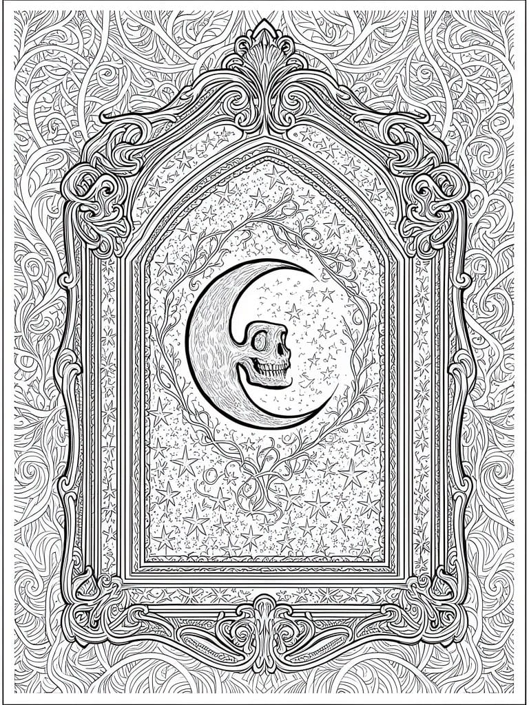 A black and white line art coloring page showing a skull inside a crescent moon set within an ornate gothic frame filled with stars and vines.