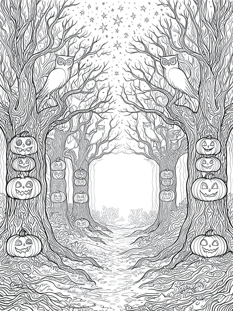Eerie forest path lined with jack-o'-lanterns and owls under starry night sky