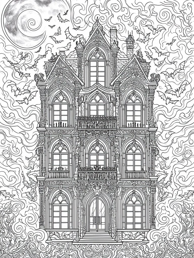 Ornate gothic mansion line art with bats flying around a swirling full moon