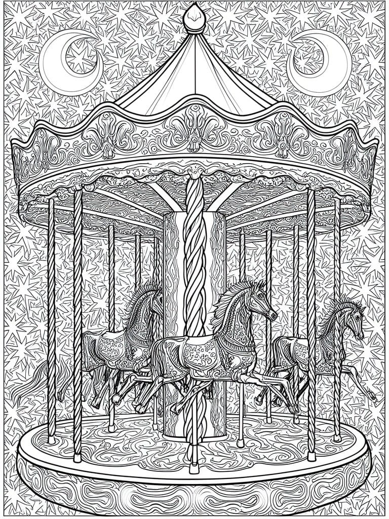 Ornate carousel with galloping horses under starry sky with crescent moons