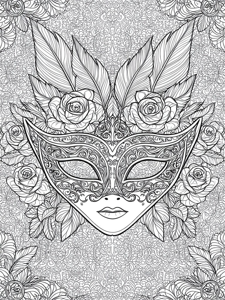Ornate feathered masquerade mask with roses in intricate black-and-white line art.