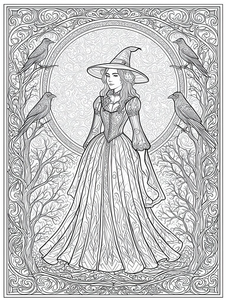 Ornate line art of a witch in flowing gown with four birds in decorative frame