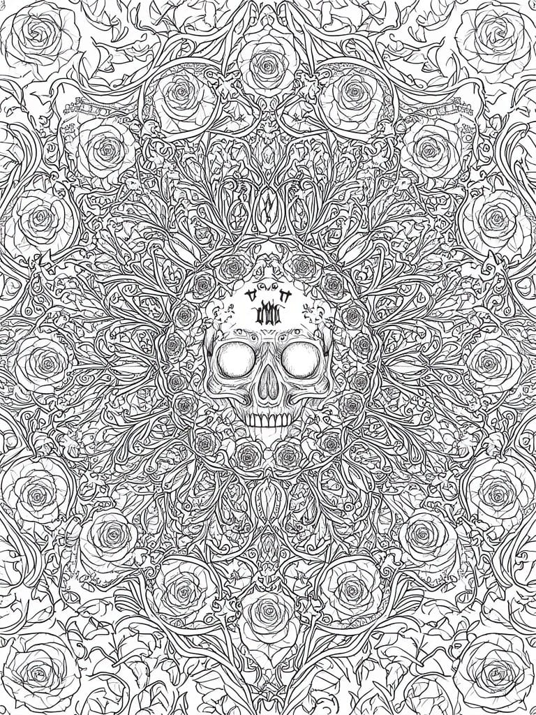 Intricate black and white mandala with central skull amid roses and swirling vines.
