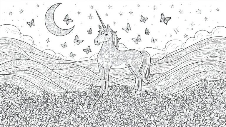 Black and white line drawing of a patterned unicorn standing in a flower field under a crescent moon with stars and butterflies.