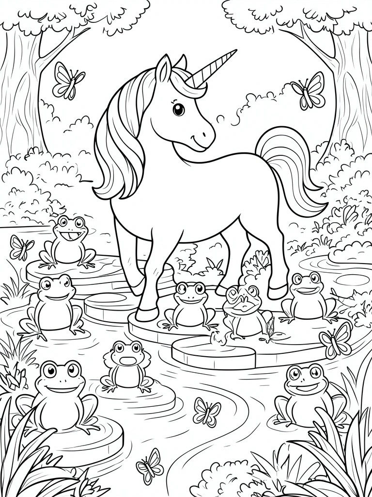 Coloring page unicorn stands among frogs on lily pads with butterflies in forest.