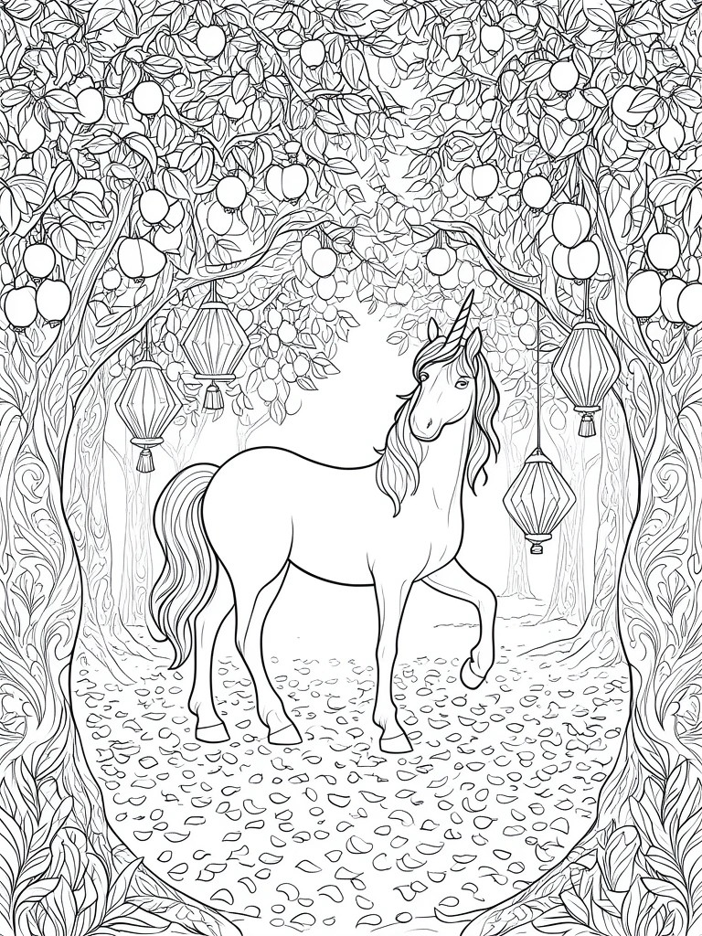 A black and white line drawing of a unicorn standing in a forest clearing with fruit trees and hanging lanterns.