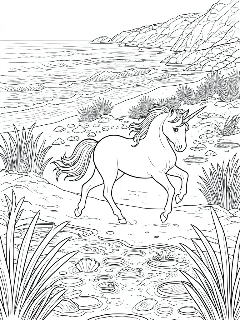 Unicorn prancing on beach by ocean waves, rocks, cliffs and tide pools