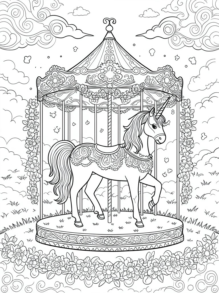 Detailed line art of unicorn on ornate floral carousel under cloudy sky