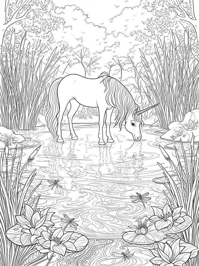 Unicorn drinking from pond amid reeds, lilies and dragonflies in forest line art.