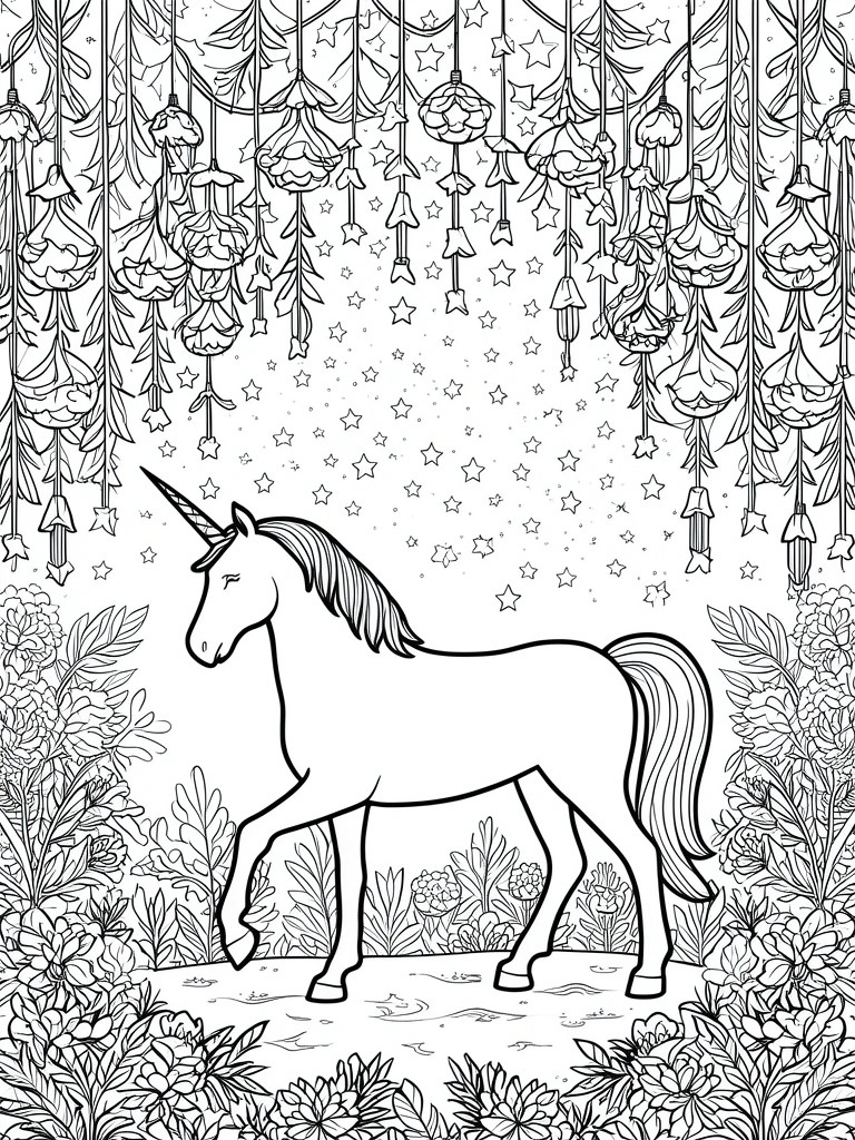 Black and white line art of a unicorn standing amid flowers with hanging decorations and stars above.