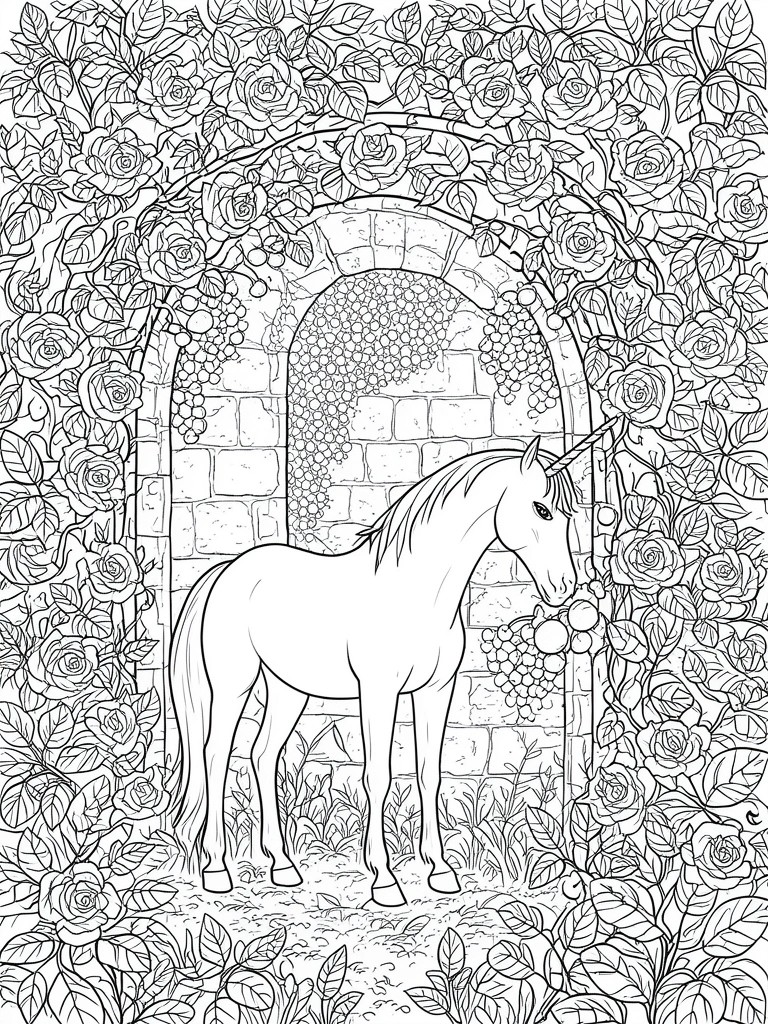 Unicorn grazing on grapes beneath rose-covered stone arch in black-and-white line art.