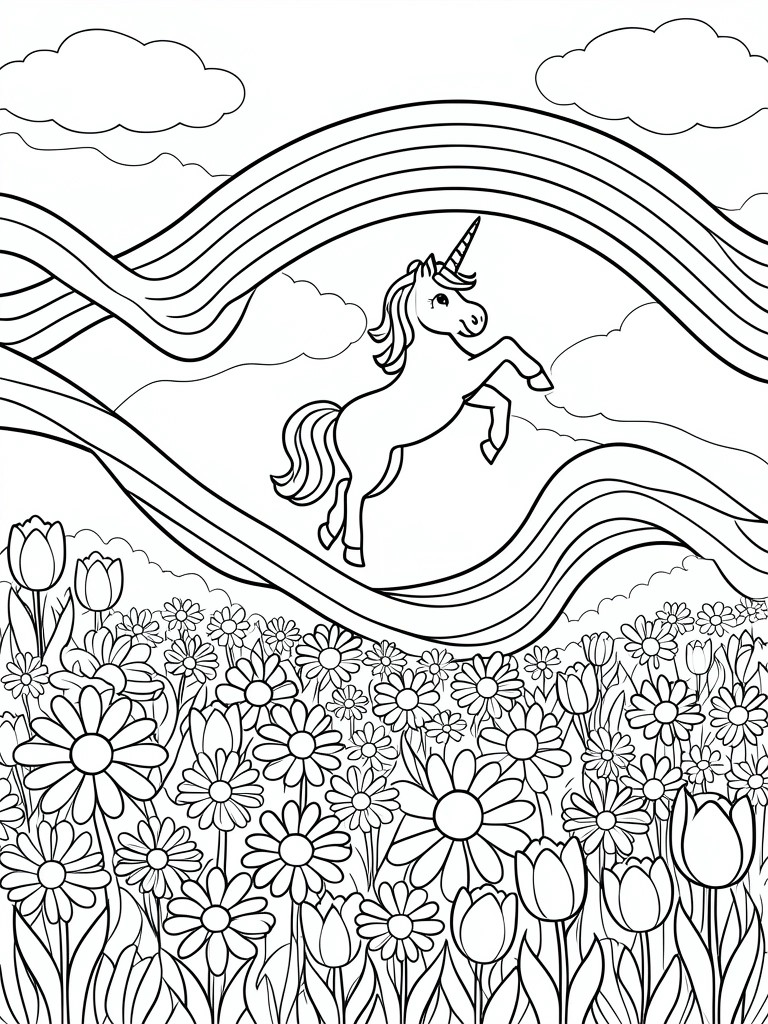 Coloring page of a unicorn leaping under a rainbow above a flower field
