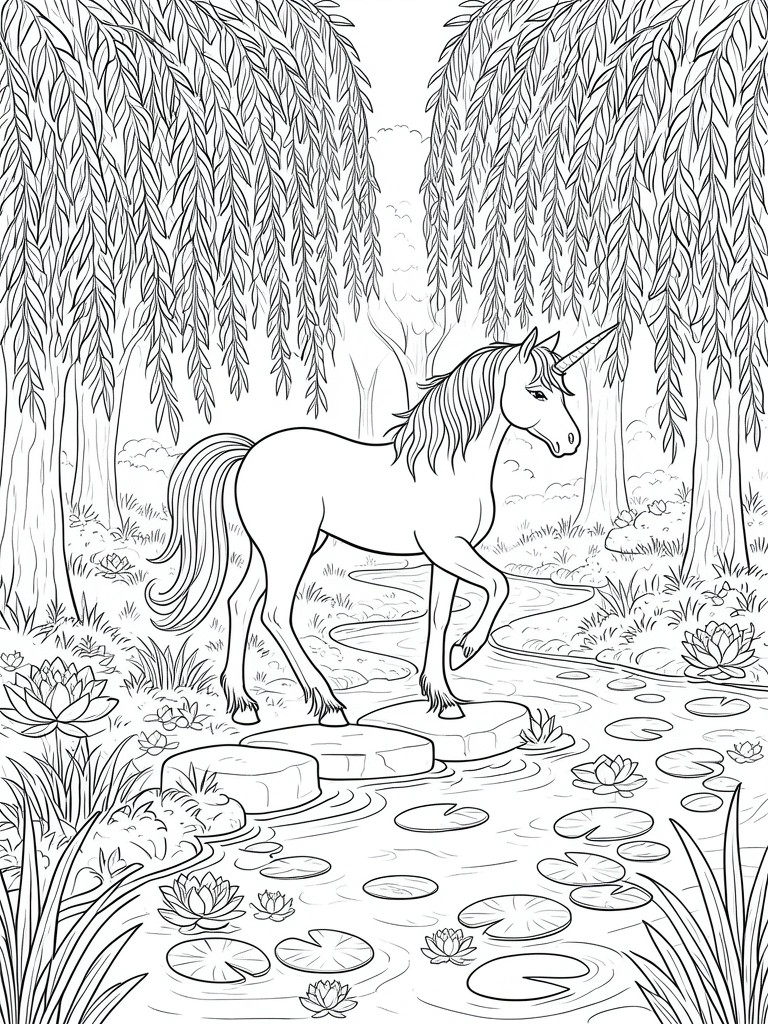 Black-and-white line drawing of unicorn on stepping stones in a forested pond with lilies.