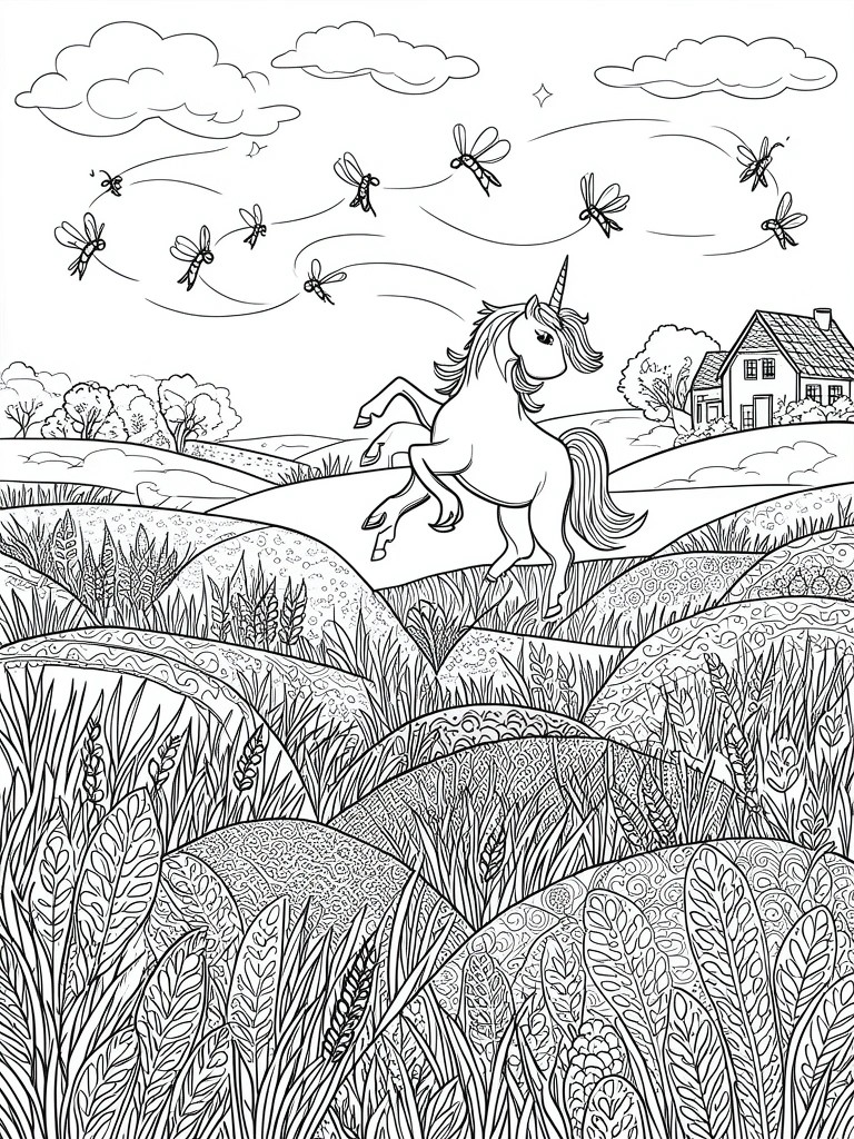 Unicorn prancing over rolling hills with dragonflies flying near a farmhouse.