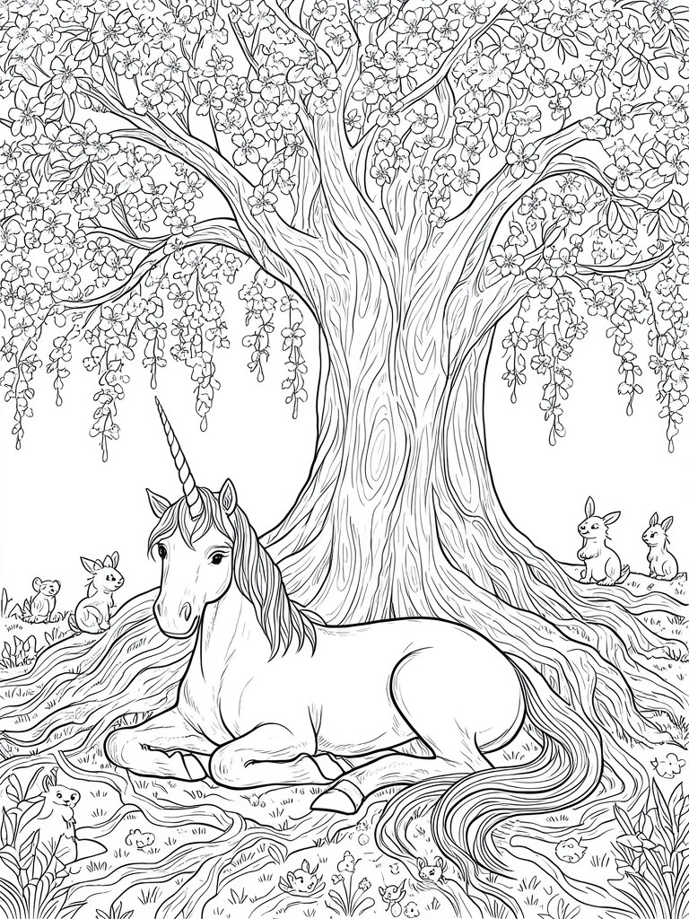 A black and white line drawing of a unicorn lying under a large flowering tree with several rabbits nearby.