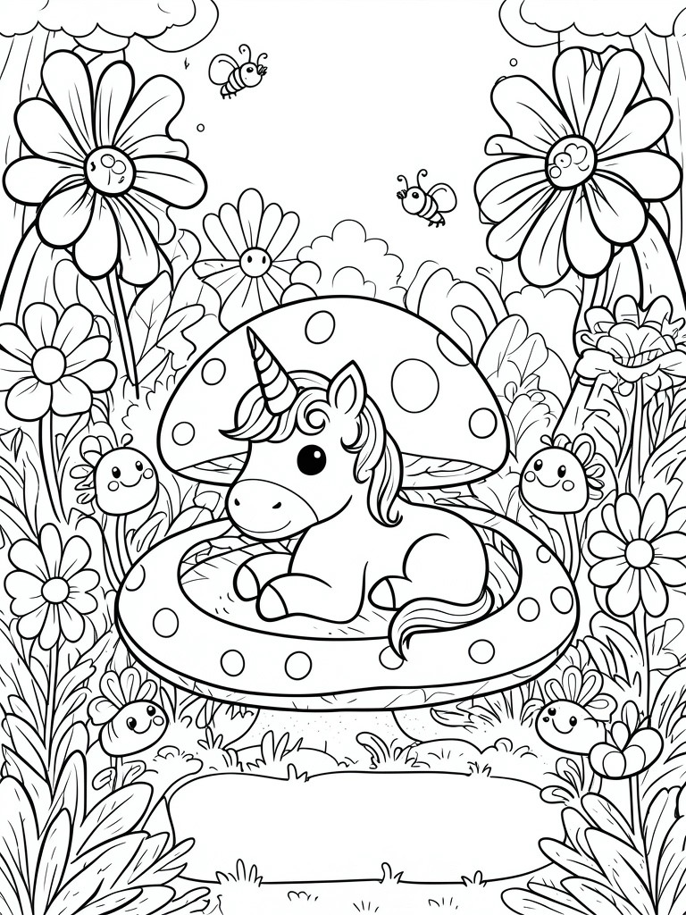 Coloring page of a unicorn lying on a mushroom ring under a spotted cap with flowers and bees around it.
