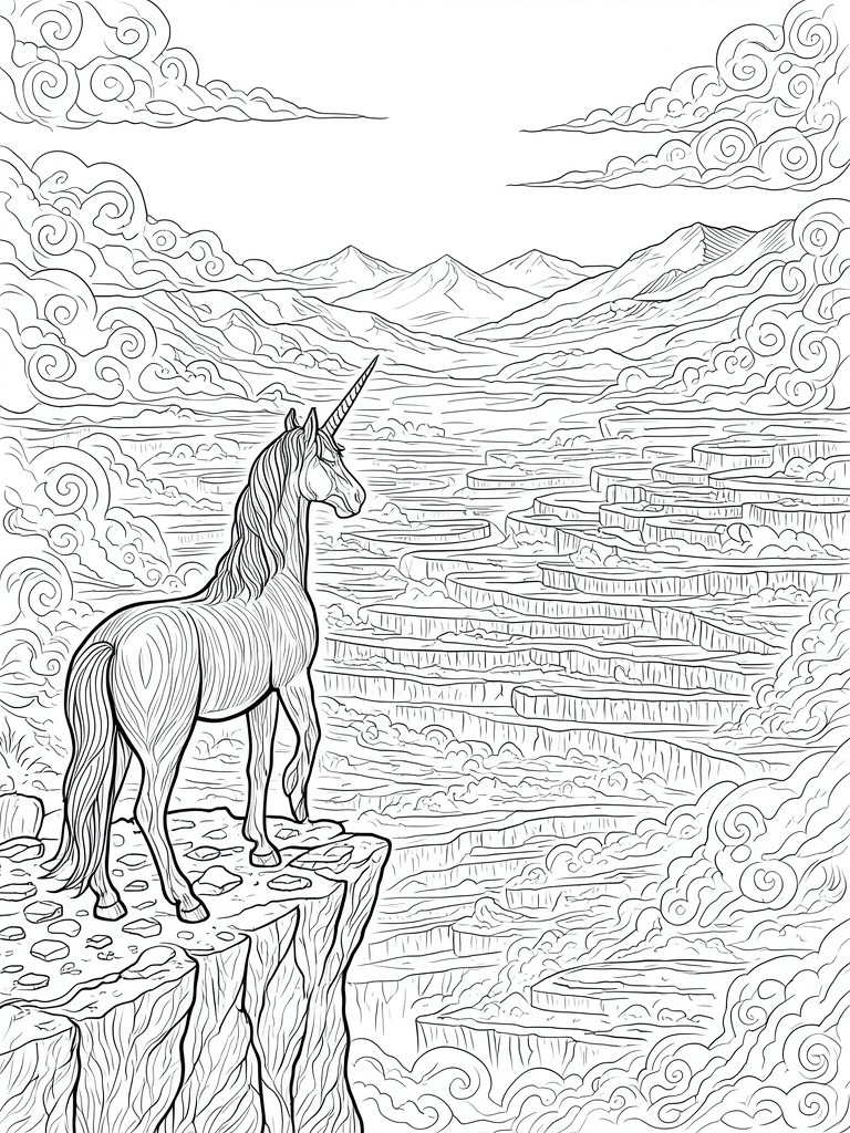 Unicorn on rocky cliff overlooking layered mountains and swirling clouds in line art.