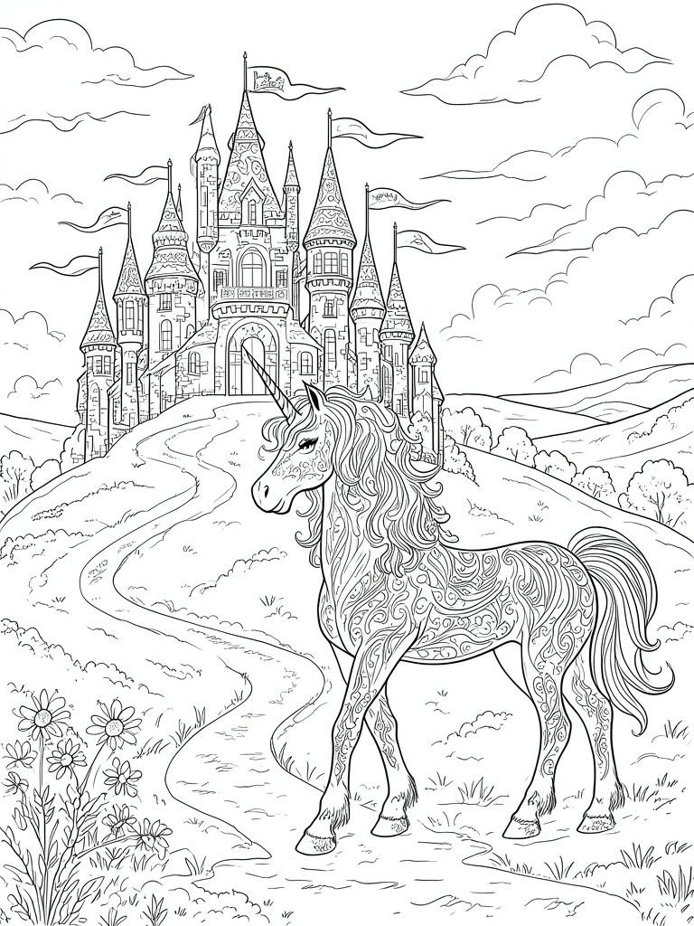 Line art of ornate unicorn before fantasy castle with winding path and hills