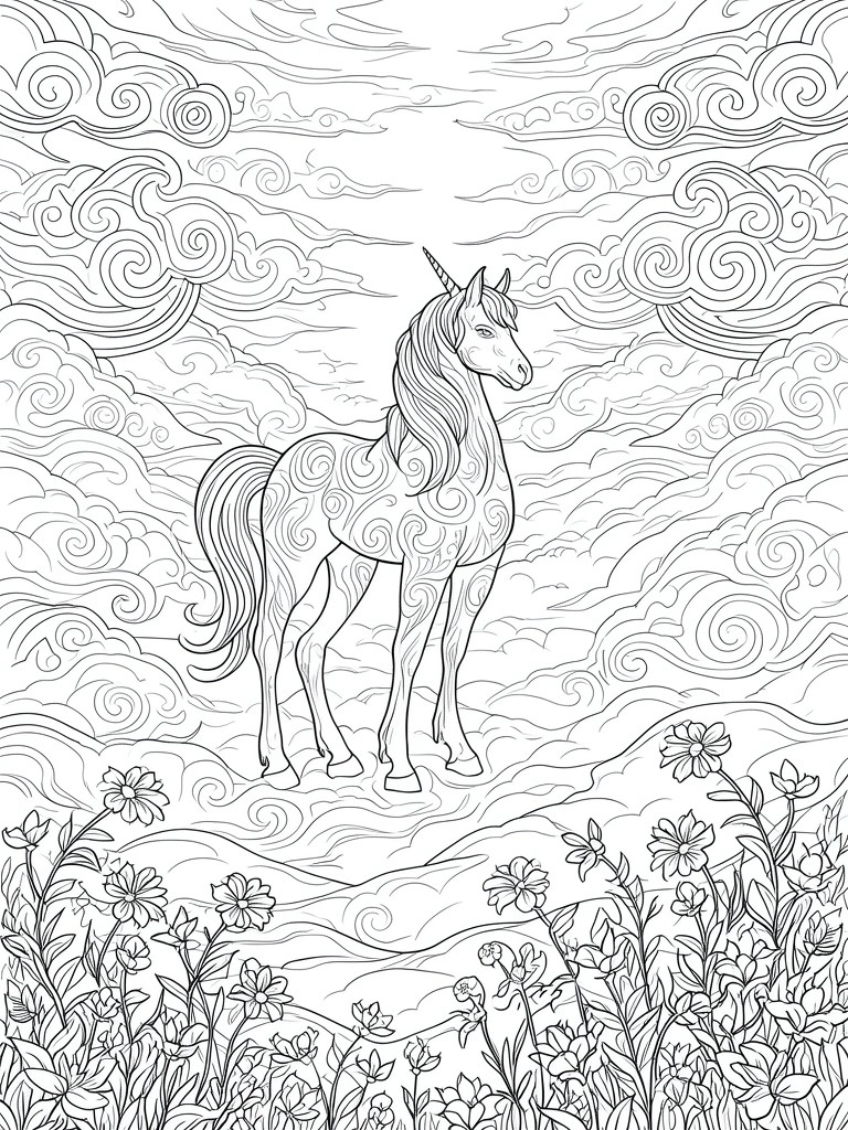 Unicorn with swirling patterns stands on clouds above flowers in black-and-white line art.