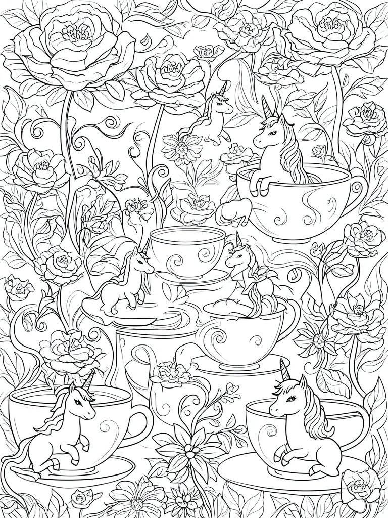 A black and white line art coloring page shows multiple unicorns sitting inside teacups of different sizes, surrounded by large flowers and leafy vines.