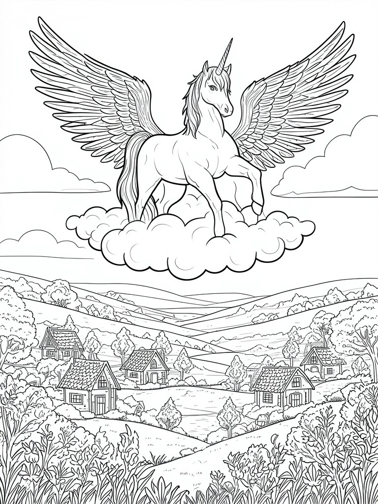 Winged unicorn on cloud above rural village with houses, trees and rolling hills