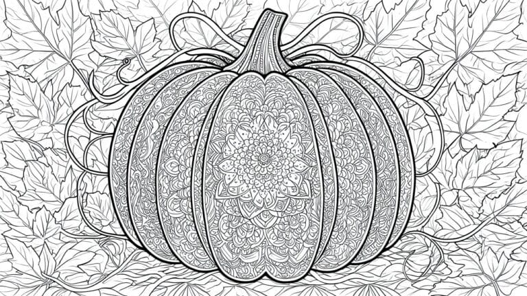 19 Creative Pumpkin Coloring Pages for Adults Focused on Relaxing Fall Artwork Ornate mandala-patterned pumpkin amid maple leaves and curly vines in line art