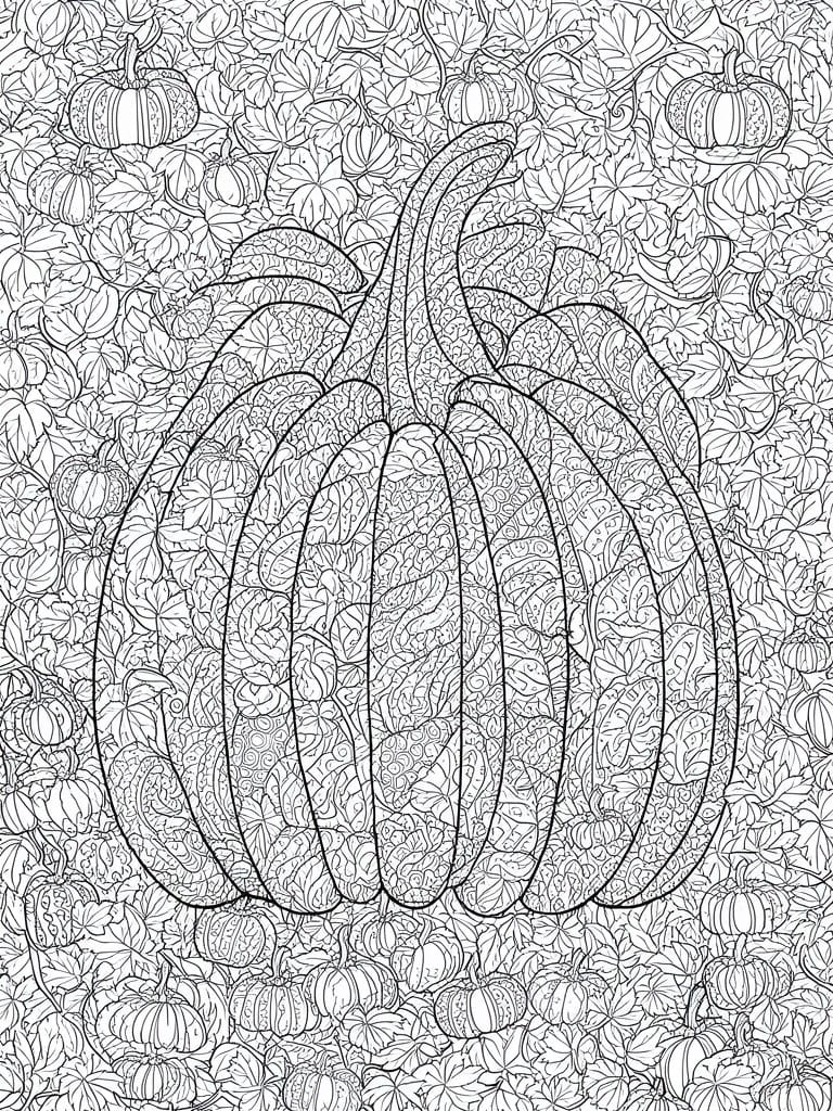 Large pumpkin with intricate patterns amid smaller pumpkins and autumn leaves