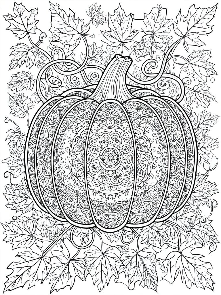 Ornate mandala-patterned pumpkin amid maple leaves and curly vines in line art