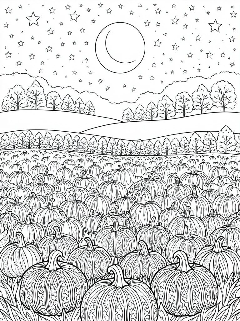 A black and white coloring page showing a field of pumpkins at night under a crescent moon and stars with tree-covered hills in the background.