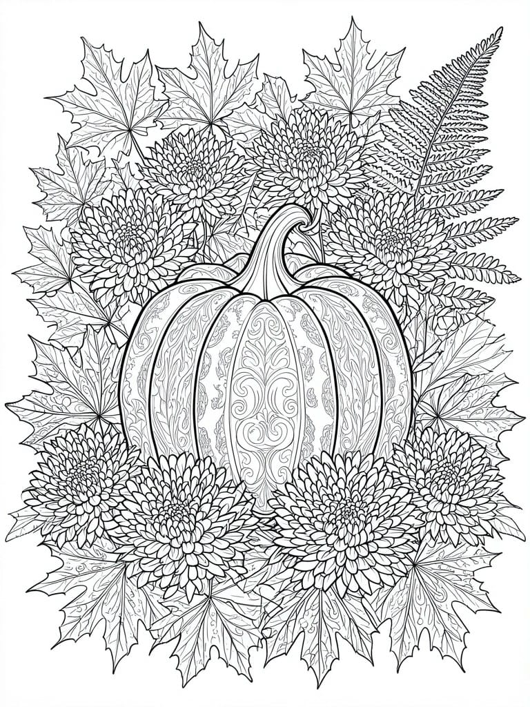 A coloring page shows a central pumpkin with swirls, ringed by maple leaves, chrysanthemums, and ferns.