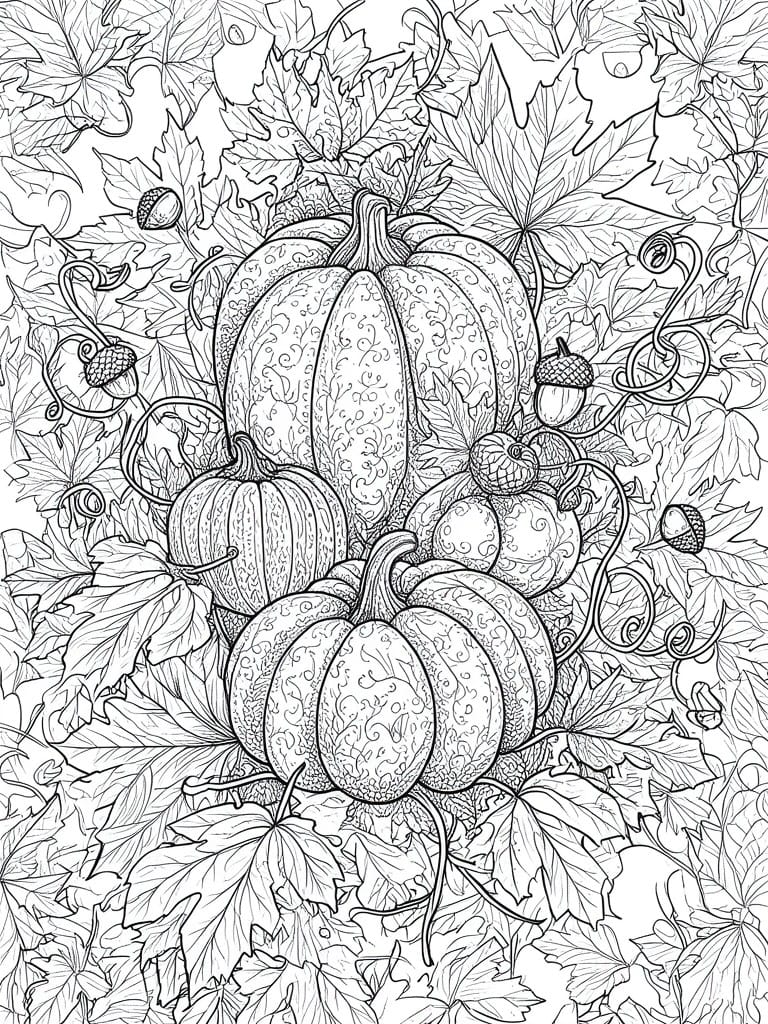 Intricate black and white line art of pumpkins amid maple leaves and acorns