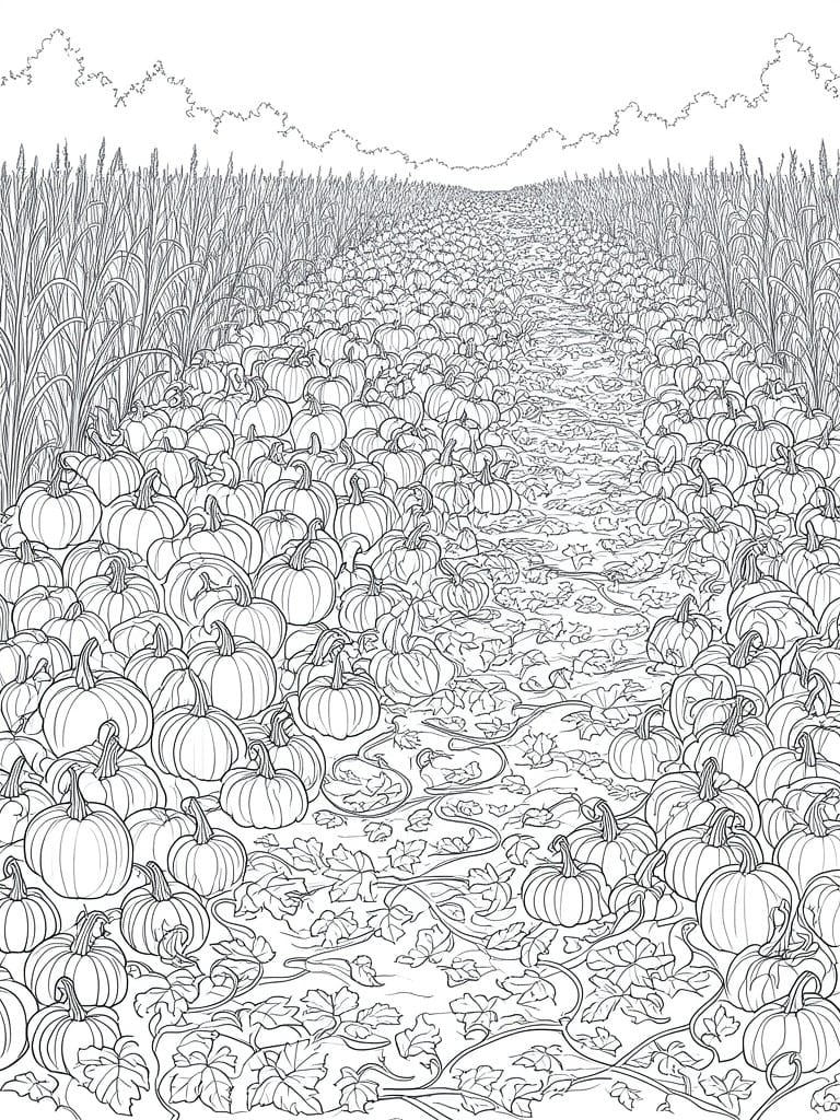 Black and white line drawing of a pumpkin patch with a central path, pumpkins on vines, and tall crops along both sides.