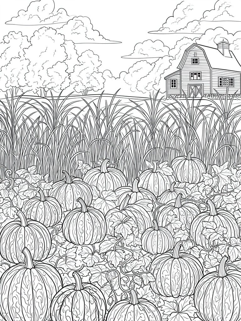 Coloring page of pumpkins filling a field with a barn and tall grass behind
