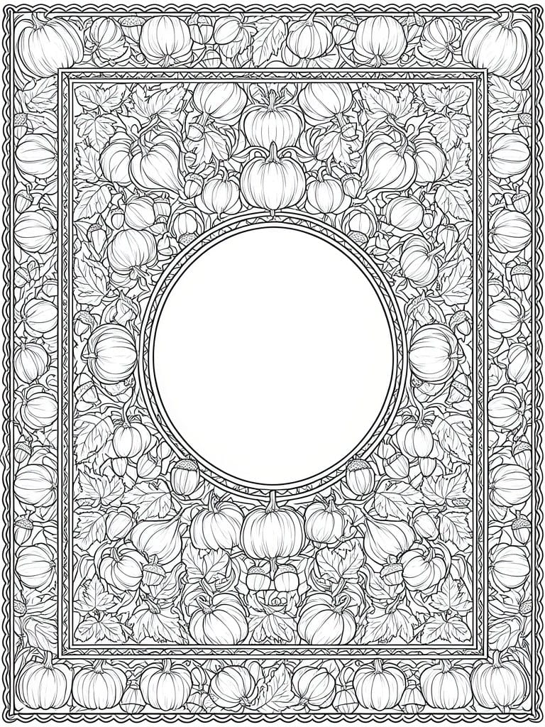 Black and white pumpkin and leaf pattern with blank central circle.