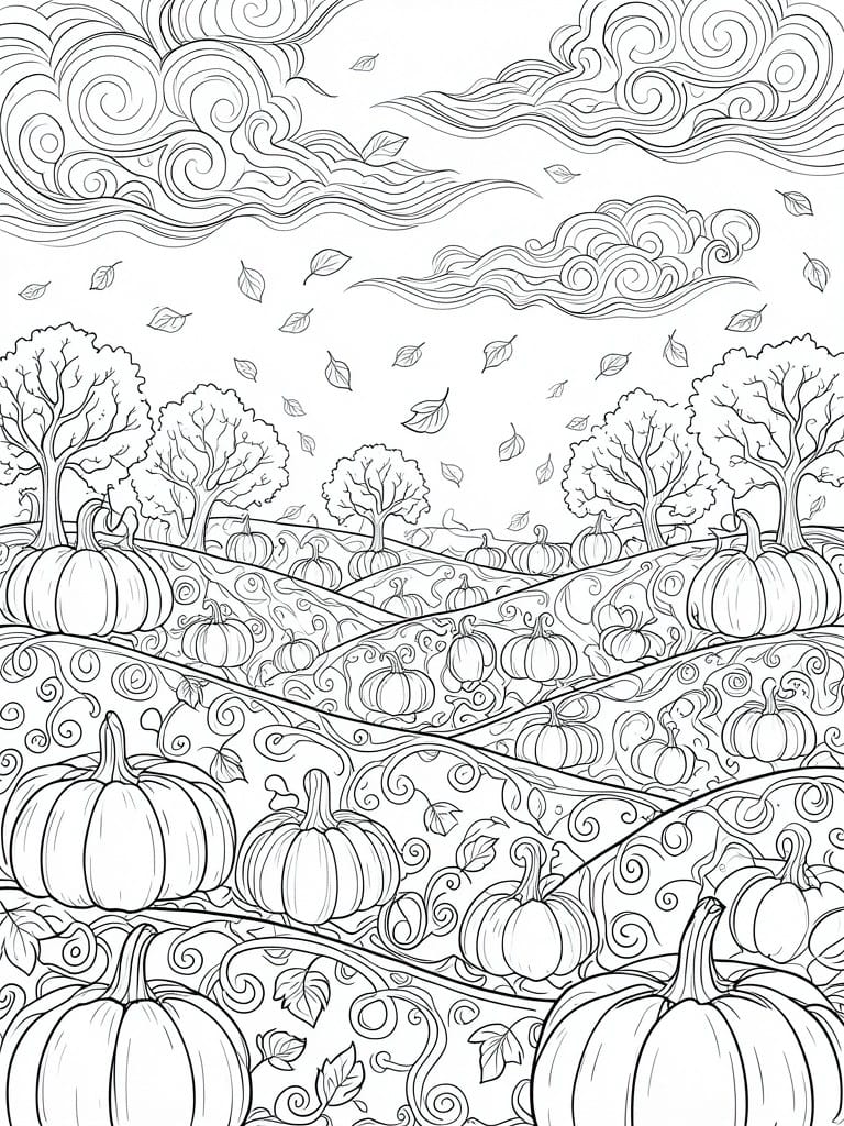 Coloring page showing a large pumpkin patch on rolling hills with trees, clouds, falling leaves, and patterned ground.