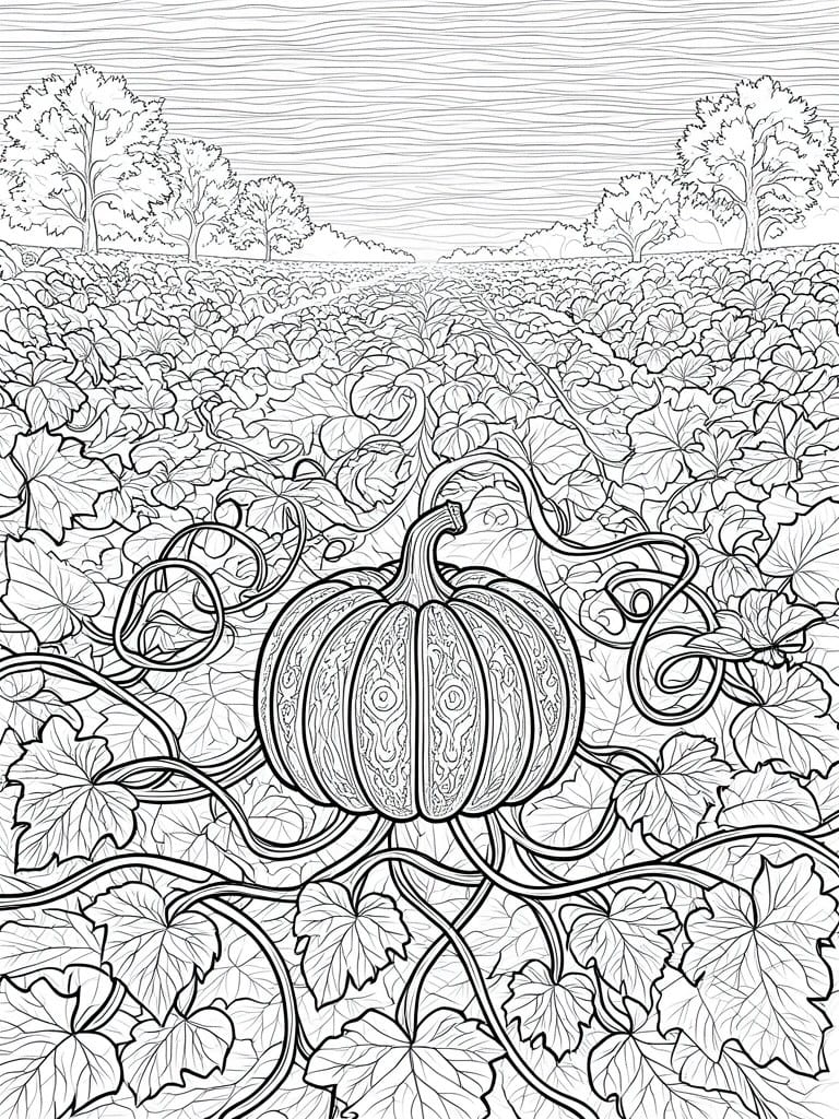A line drawing shows a large pumpkin with decorative patterns in a field full of leaves and vines, with trees in the background and lines in the sky.