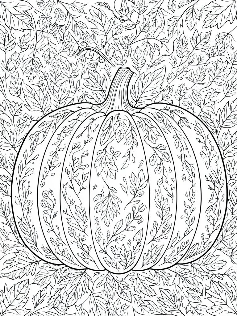 A black and white line drawing of a large pumpkin covered in leaf and vine patterns, surrounded by a dense background of leaves.