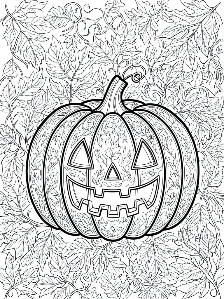 Detailed line art of a jack-o'-lantern pumpkin amid swirling leaves and vines.