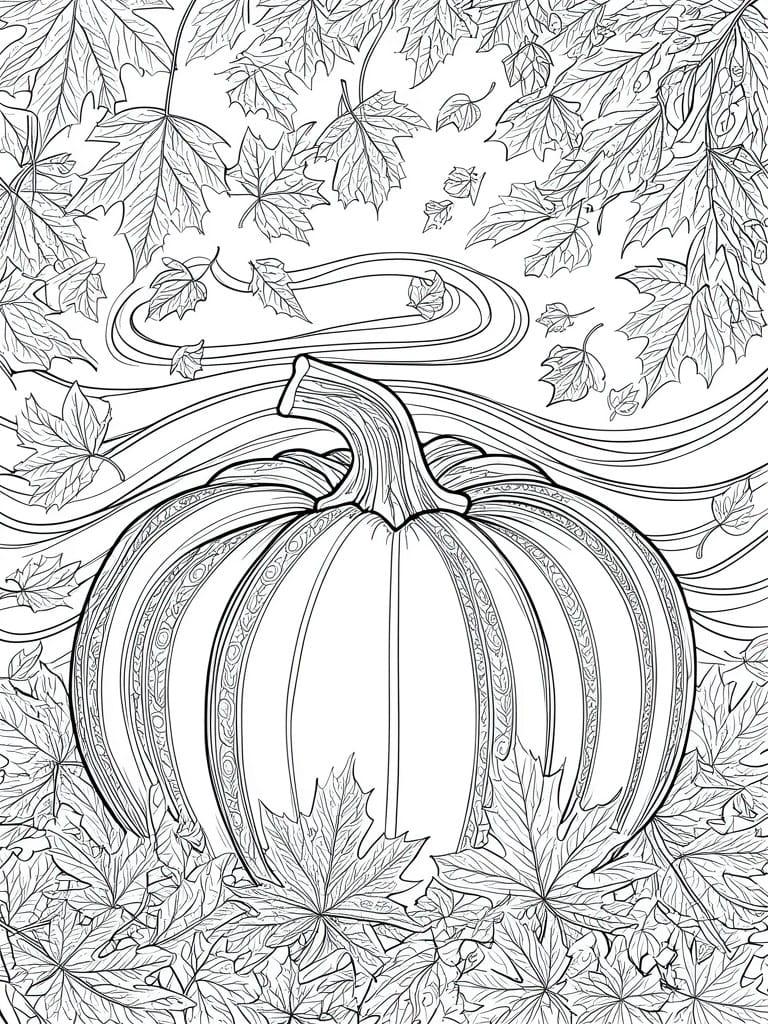 Black and white line drawing of pumpkin amid autumn leaves and vines