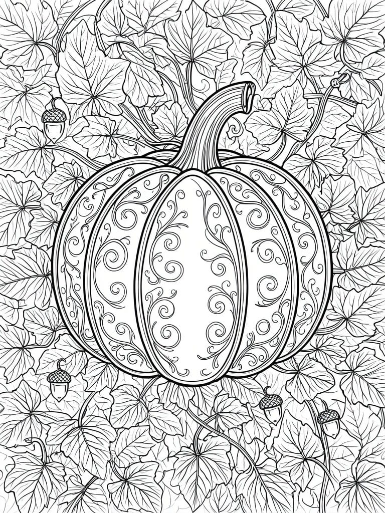 Ornate pumpkin with swirling patterns amid autumn leaves and acorns line art