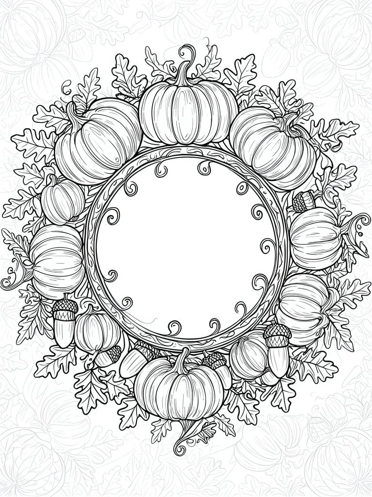 Ornate circular frame surrounded by pumpkins, acorns, and oak leaves in line art.